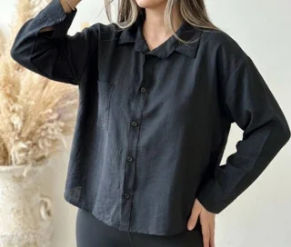 شومیز زنانه نخی خنک تابستانه دکمه دار مشکی محرم کد 50092