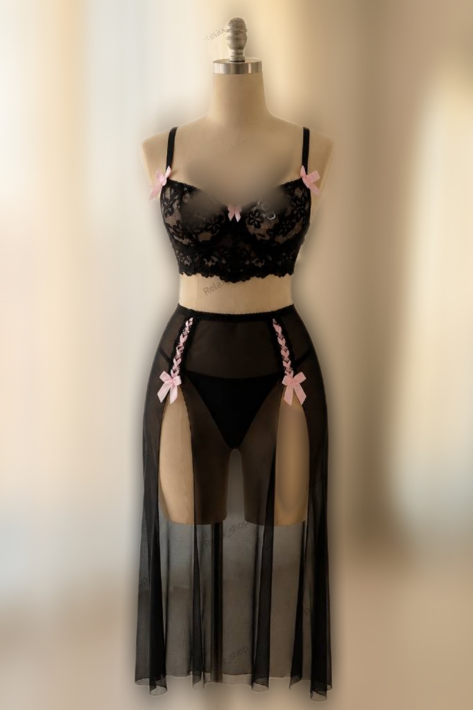 لباسخواب زنانه ست فانتزی سوتین فنردار شورت دامن بلند حریر کد 9060