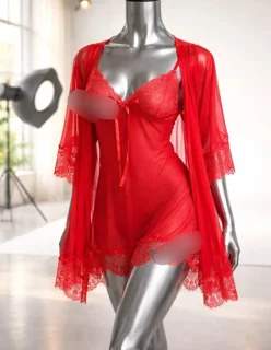 ست لباس خواب فانتزی و ربدوشامبر حریر  زنانه کد 804