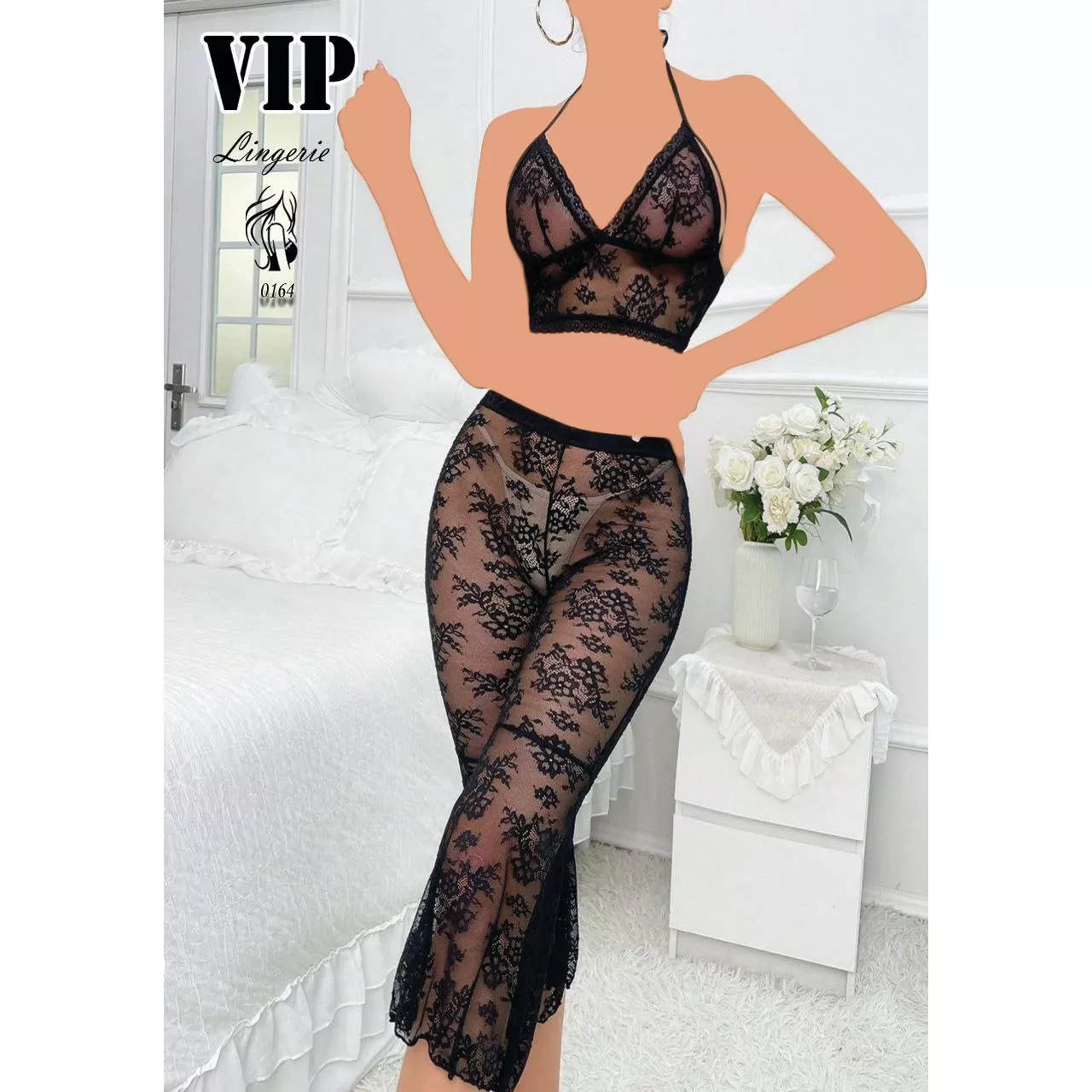 ست فانتزی زنانه نیمتنه و شلوار گیپوری کد 0164