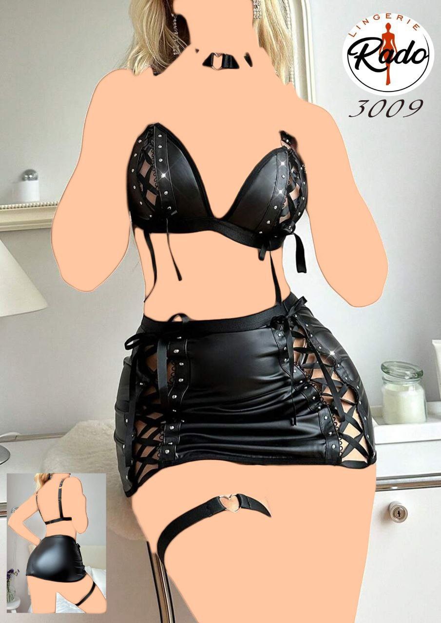 لباس زیر چرم زنانه سوتین دامن فانتزی چرمی نگیندار کد 3009